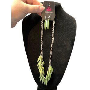 Paparazzi Green Dangle Necklace & Earrings Set With Silver Chain